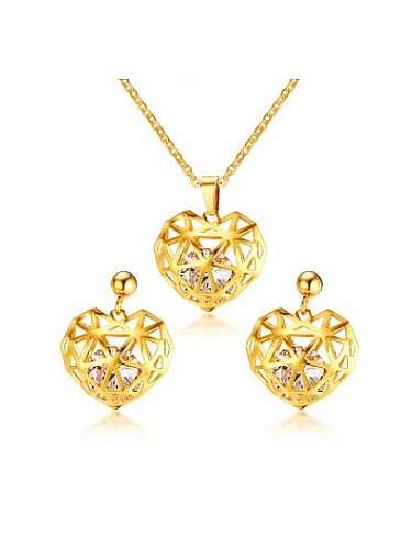 Conjunto de joias luxuosas com duas peças de zircônia coração oco folheado a ouro