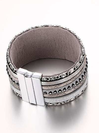 Trendy Gray Artificial Leather Rhinestones Charm Bracelet