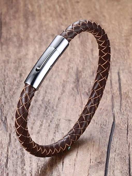 Men Delicate Brown Artificial Leather Titanium Bracelet