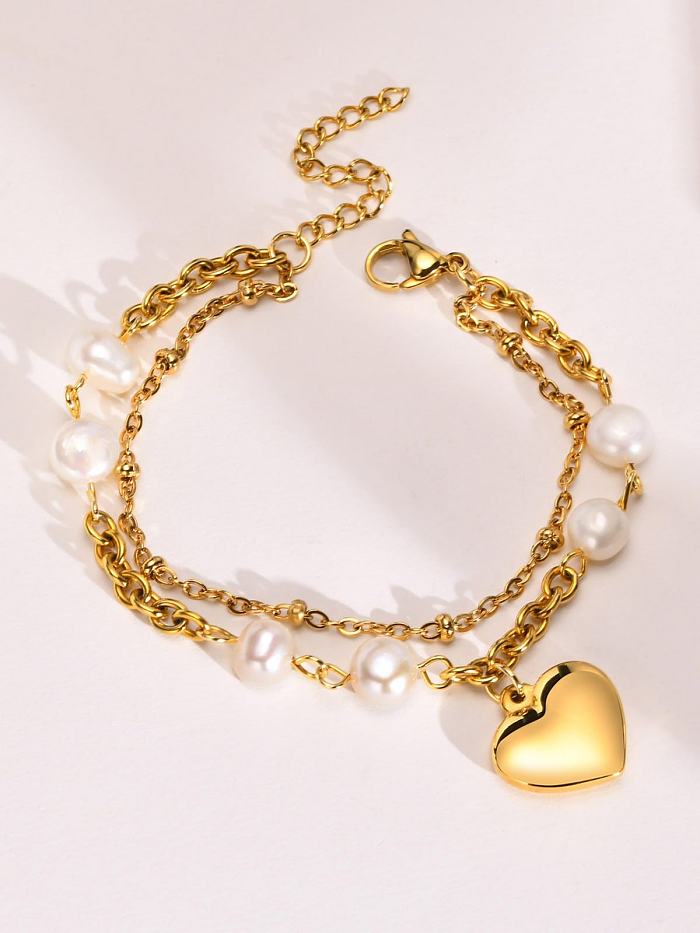 Titanium Steel Imitation Pearl Heart Vintage Strand Bracelet