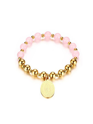 Women Pink Oval Shaped Stone Titanium Bracelet