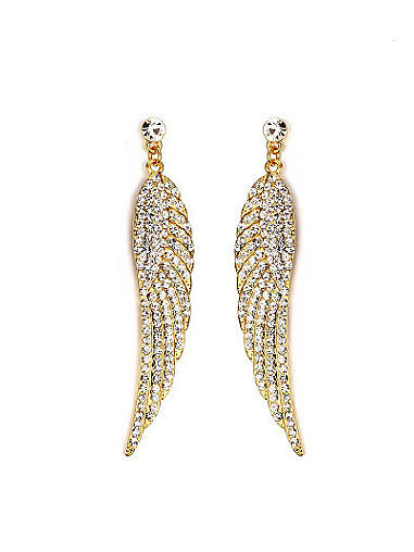 Exquisite Gold Plated Feather Shaped Rhinestone Drop Earrings