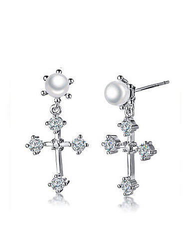 Elegant Platinum Plated Cross Shaped Shell Drop Earrings
