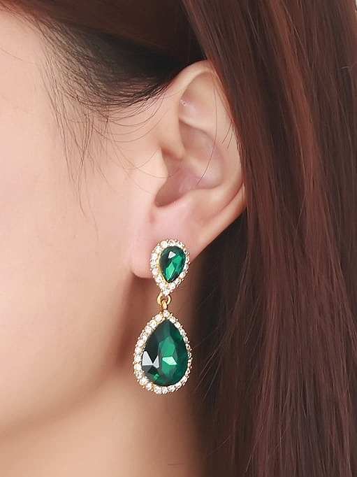 Green Water Drop Shaped Shimmering Rhinestone Drop Earrings
