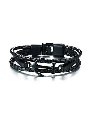 Exquisite Black Gun Plated Anchor Shaped Artificial Leather Bracelet