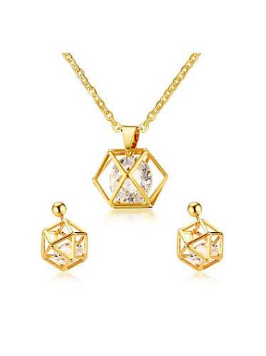 Conjunto de joias luxuosas com zircônias geométricas folheadas a ouro com duas peças