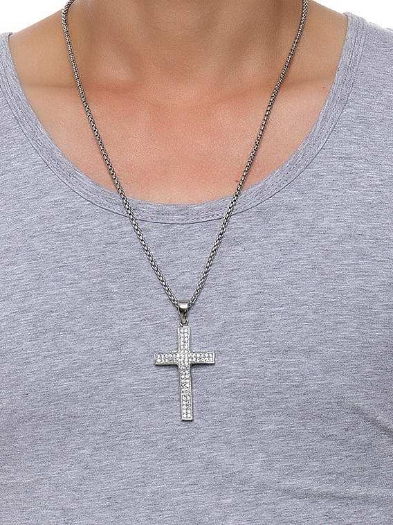 Collar religioso minimalista con cruz de diamantes de imitación de acero inoxidable