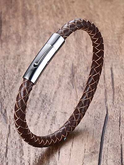 Bracelet en titane pour homme en cuir artificiel marron délicat