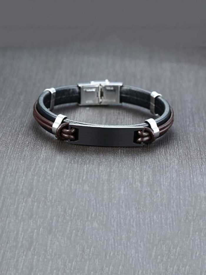 Stainless Steel With Simple Square Men's Leather Bracelet