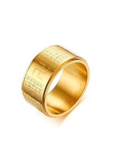 Exquisito anillo de titanio geométrico con escritura chapada en oro