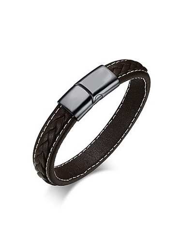 Men Fashionable Black Artificial Leather Titanium Bracelet