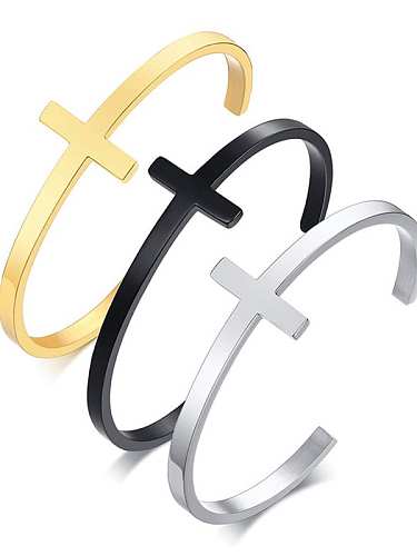 Bracelet Manchette Minimaliste Croix Lisse en Acier Inoxydable