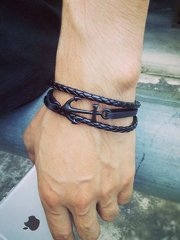 Bracelet en cuir artificiel en forme d'ancre plaqué noir exquis
