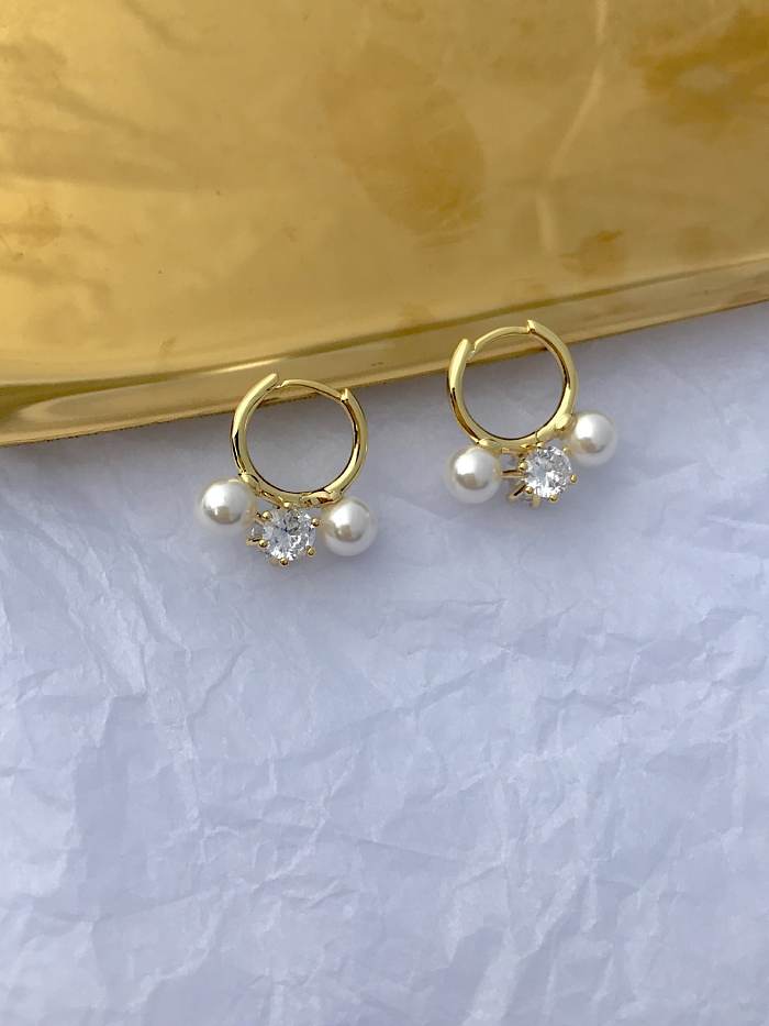 Copper Imitation Pearl White Round Minimalist Huggie Earring