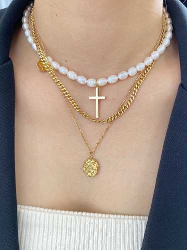 Collar religioso minimalista de perlas de imitación de titanio