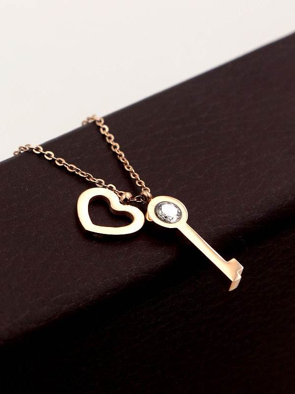 Titanium Rhinestone Key Minimalist heart pendant necklace