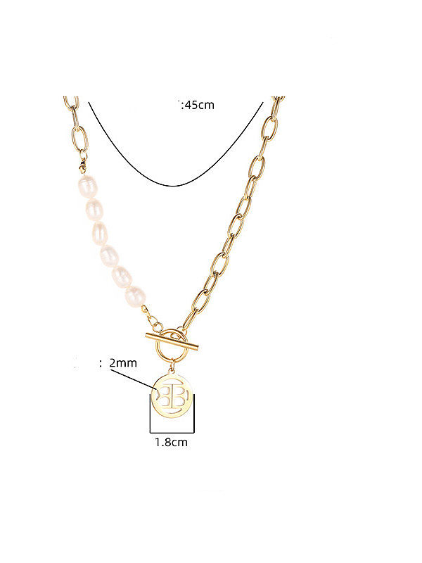Stainless steel Imitation Pearl Geometric Vintage asymmetrical Chain Necklace
