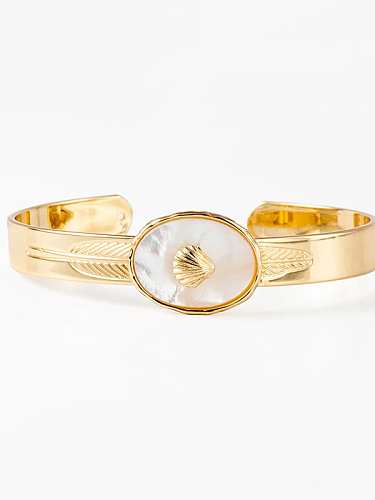 Stainless steel +Shell White Feather Minimalist Cuff Bangle