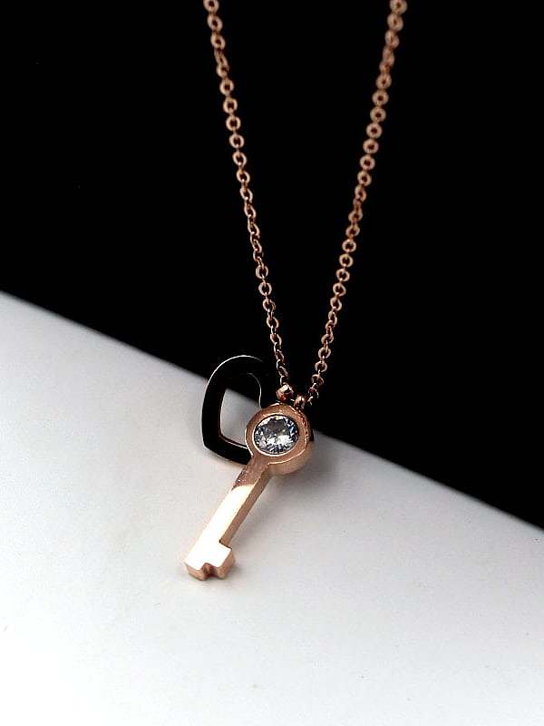 Titanium Rhinestone Key Minimalist heart pendant necklace