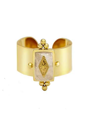 Anel de aço de titânio geométrico de pedra natural dourada da moda