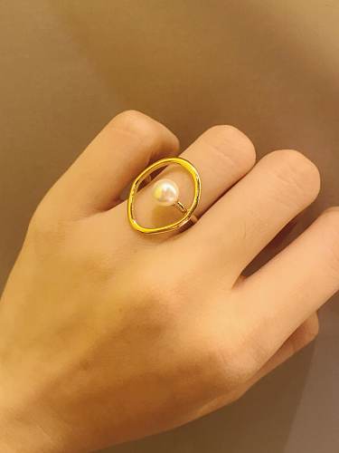 Copper Imitation Pearl White Hollow Oval Minimalist Band Ring