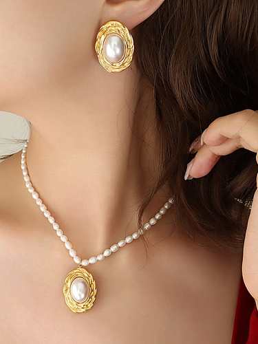 Conjunto de collar y aretes geométricos vintage de perla de imitación de acero titanio