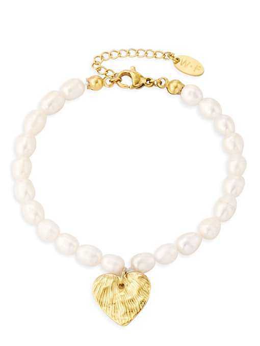 Bracelet Perle d'eau Douce en Acier Inoxydable Coeur Vintage Perlé