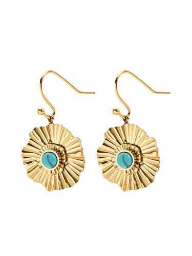 Inlaid Turquoise double-layer pleated sunflower titanium steel earrings