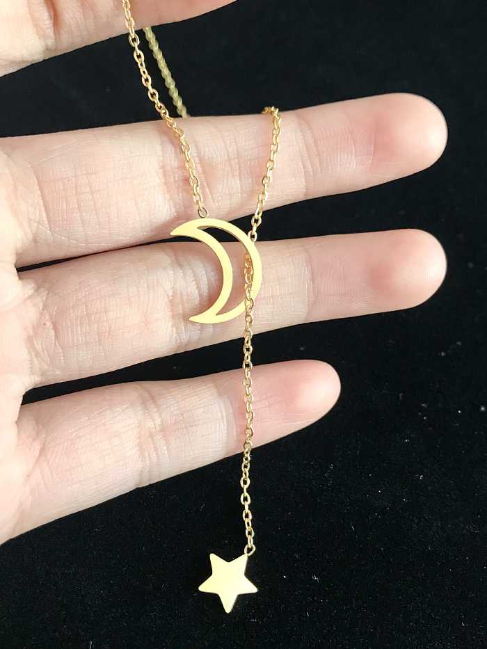Titanium Star Moon Minimalist Lariat Necklace