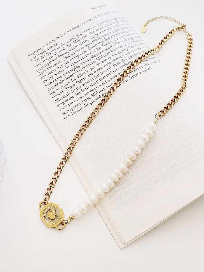 Titan Stahl Nachahmung Perle geometrische Vintage Halskette