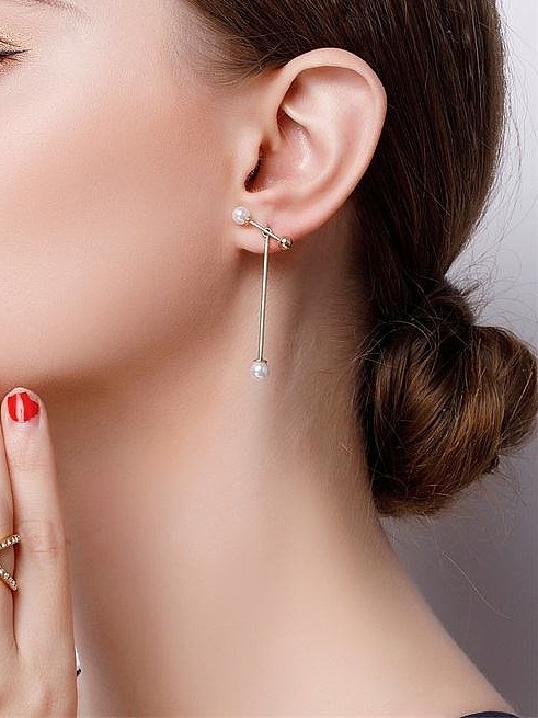 Letter T shape imitation pearl stainless steel dual purpose earrings