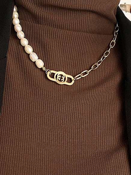 Collier Chaîne Asymétrique Vintage Géométrique Perle d'Imitation Acier Titane