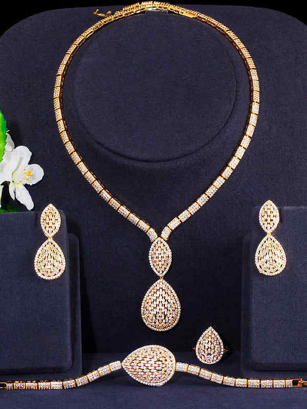 Copper Cubic Zirconia Luxury Water Drop Ring Earring Bangle And Necklace Set