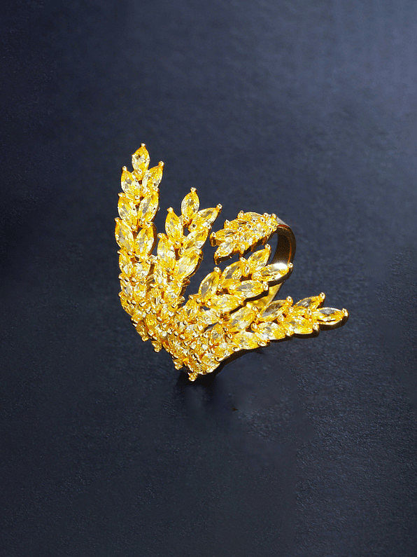Brass Cubic Zirconia Leaf Luxury Band Ring
