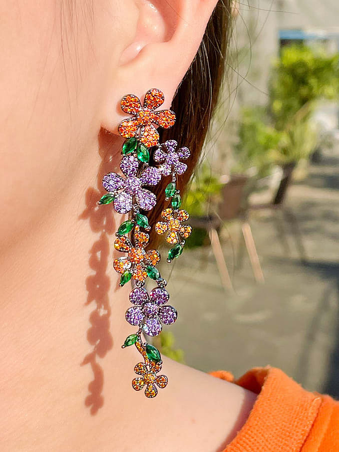 Brass Cubic Zirconia Multi Color Flower Vintage Cluster Earring