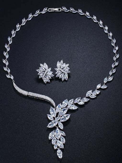 Brass Cubic Zirconia Luxury Flower Earring and Necklace Set