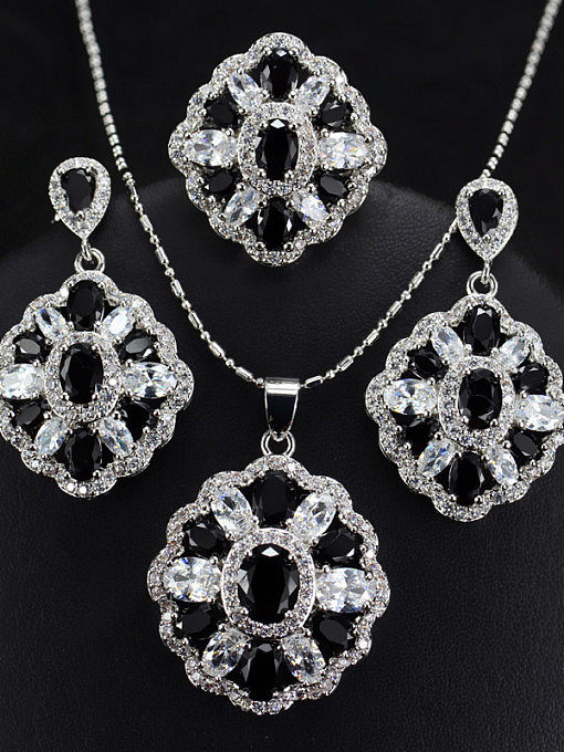 Colorful Zircons Flower Three Pieces Jewelry Set