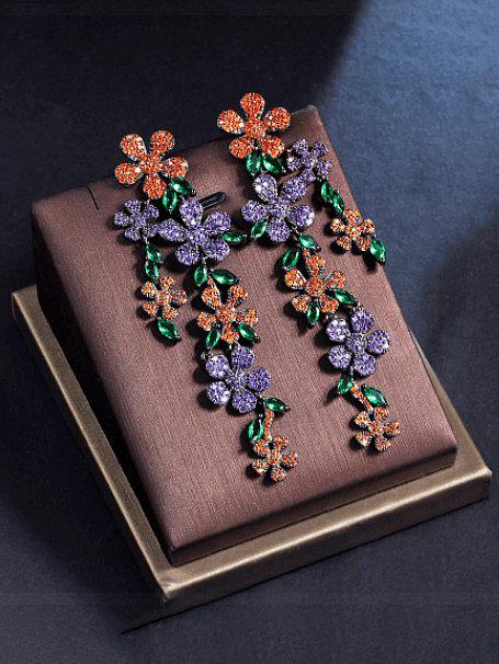 Brass Cubic Zirconia Multi Color Flower Vintage Cluster Earring