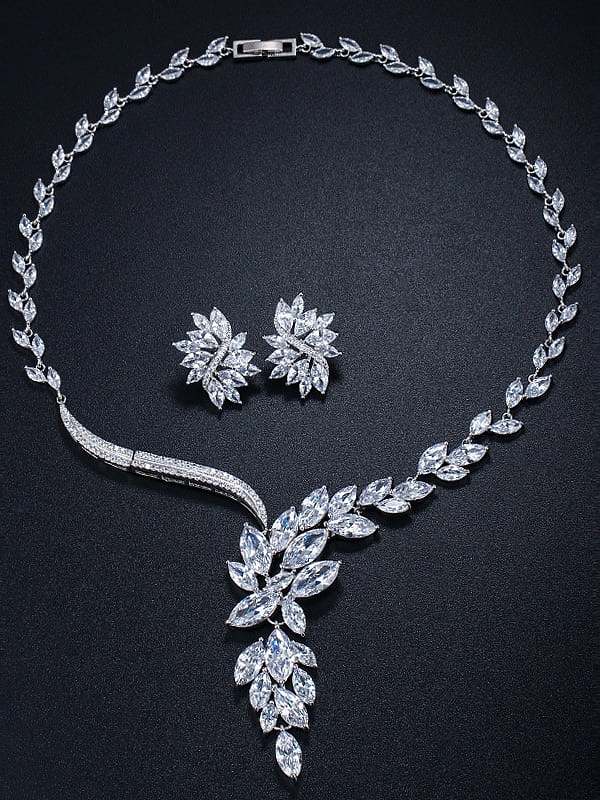 Brass Cubic Zirconia Luxury Flower Earring and Necklace Set
