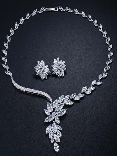 Brass Cubic Zirconia Luxury Flower Earring and Necklace Set