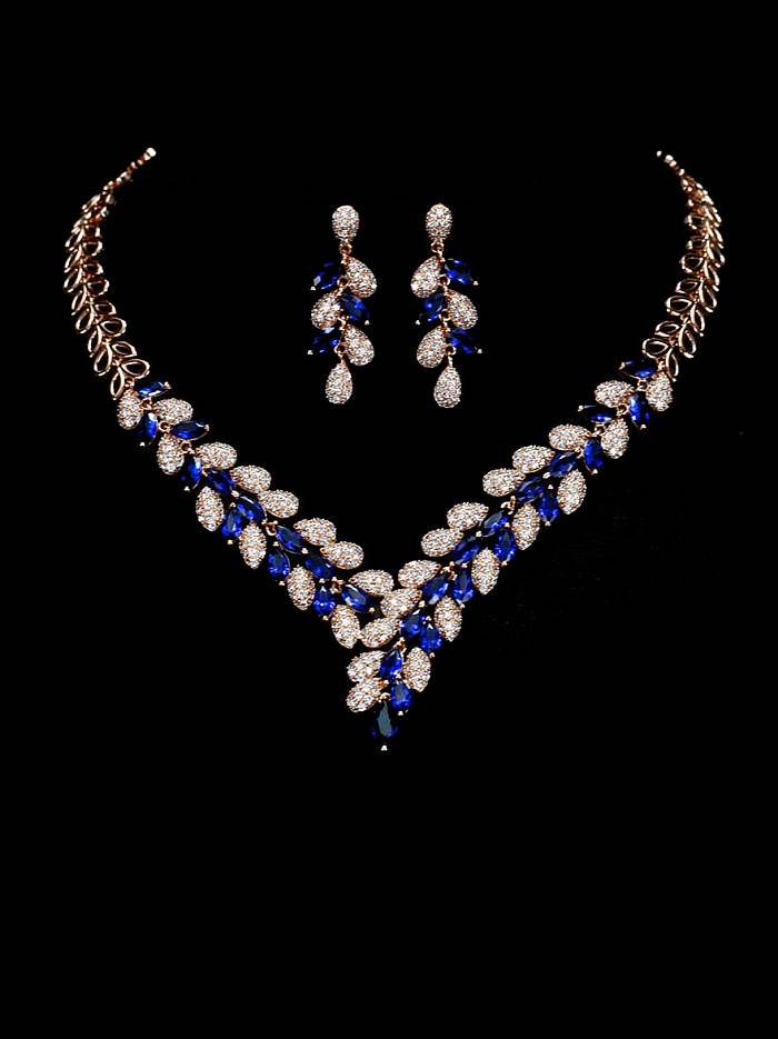 Brass Cubic Zirconia Luxury Leaf Earring and Necklace Set