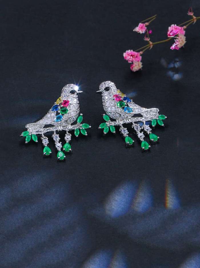 Ohrring und Halskette aus Messing mit Zirkonia und niedlichem Vogel