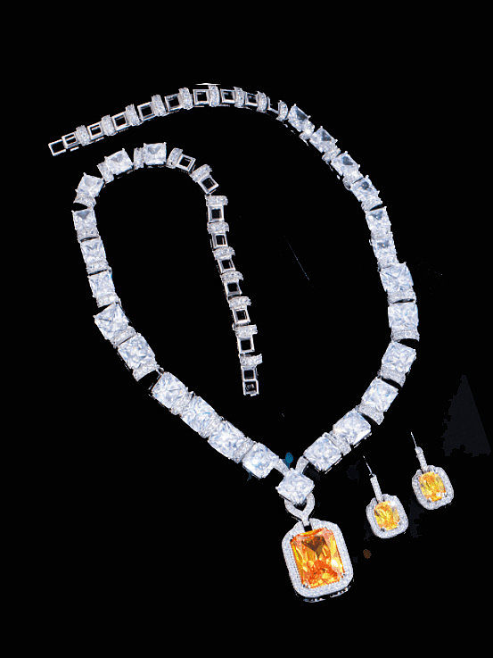 Brass Cubic Zirconia Luxury Geometric Earring and Necklace Set