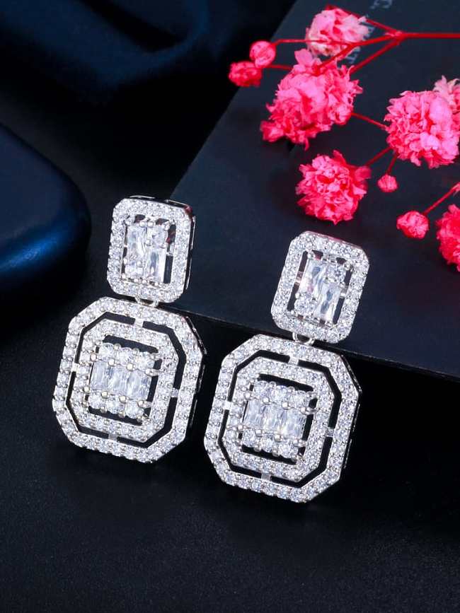 Brass Cubic Zirconia Geometric Luxury Drop Earring