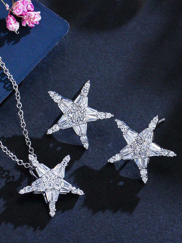 Conjunto de brincos de colar simples e versátil com estrelas de zircônia branca cintilante