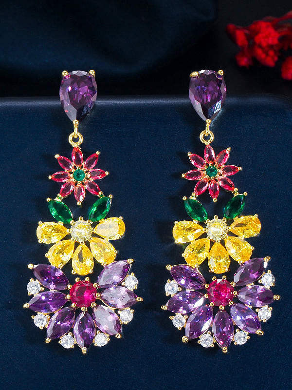 Brass Cubic Zirconia Flower Luxury Cluster Earring