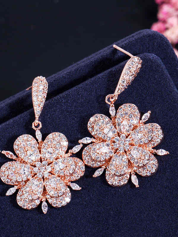 Brass Cubic Zirconia Dainty Flower Earring and Necklace Set