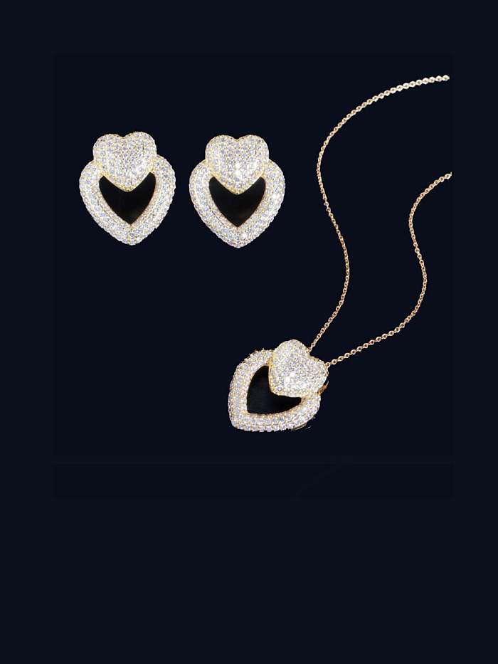 Brass Cubic Zirconia Statement Heart Earring and Necklace Set