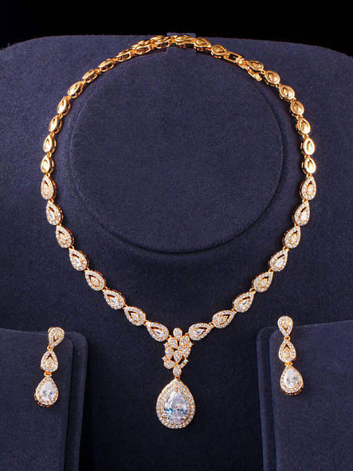 Kupfer-Zirkonia-Luxus-Wassertropfen-Ohrring und Halsketten-Set