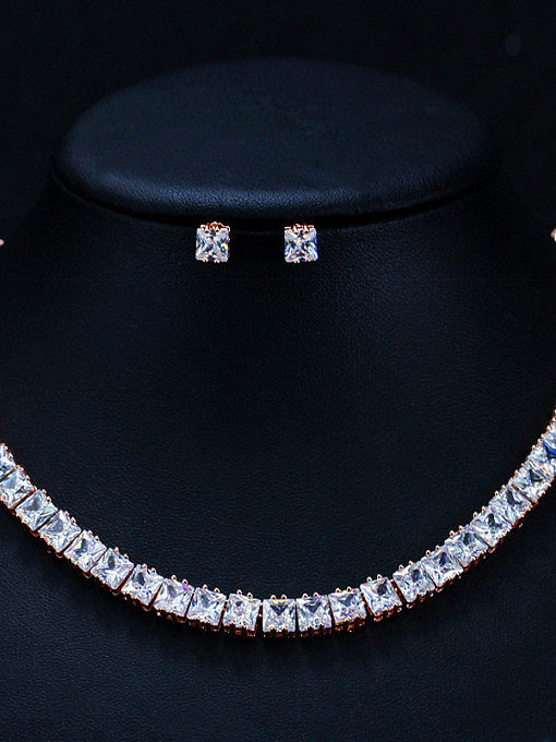 Luxurious square Zircon Earrings Necklace 2 piece jewelry set suit for party and wedding